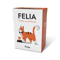 ALT-Tag für FELIA Pute (2er Set) Katzenfutterverpackung mit Putenfleisch, Obst und Gemüse, modern und ansprechend gestaltet.