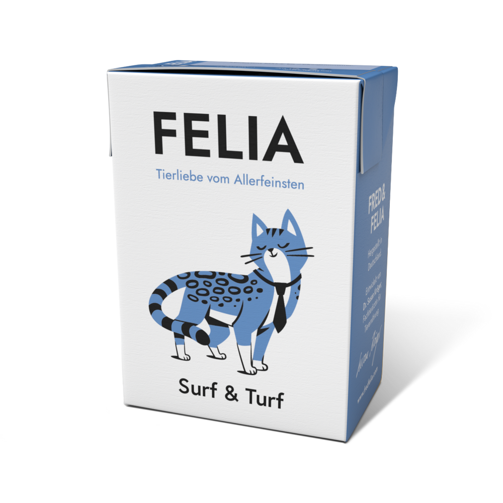 FELIA Surf & Turf 2er Set für Katzen, leckeres Nassfutter mit Land- und Meeresaromen in moderner Verpackung.