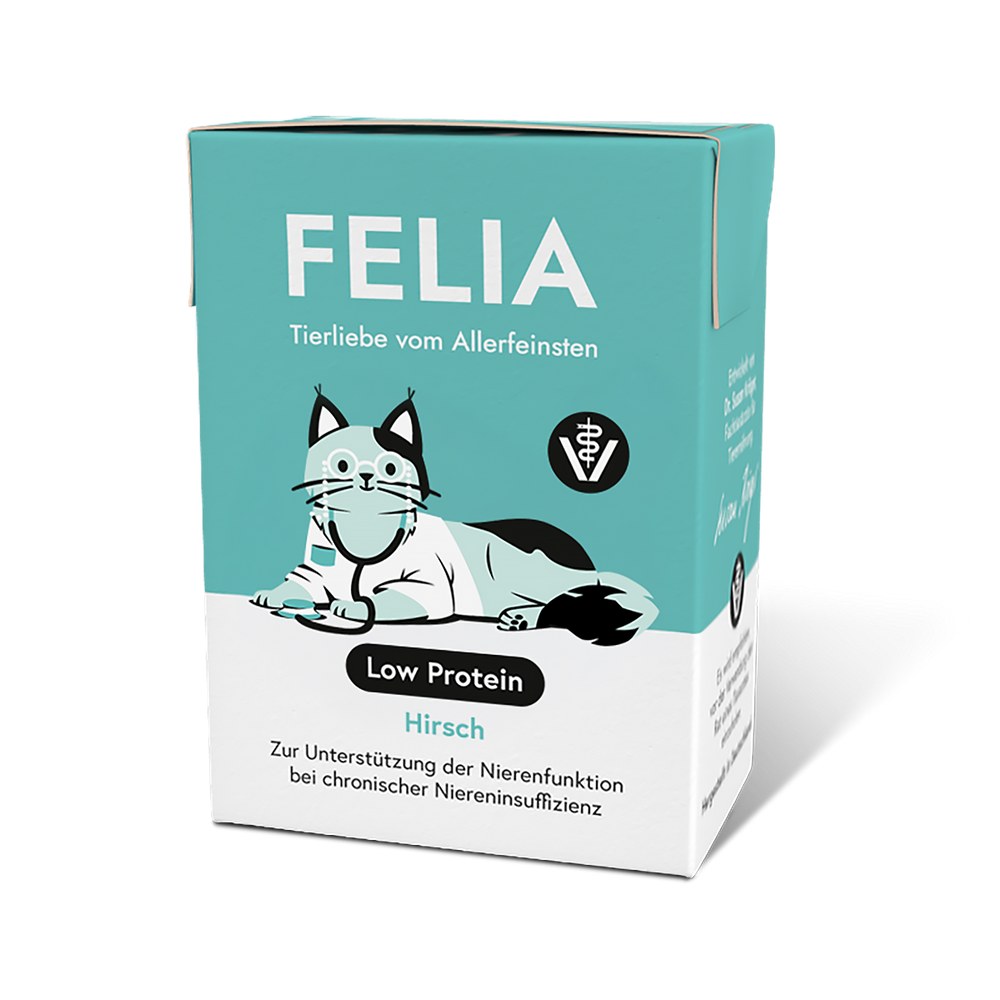Verpackung von FELIA VET Low Protein mit Hund und Katzenillustrationen in mintgrün. Ideal für proteinbewusste Tierhalter.