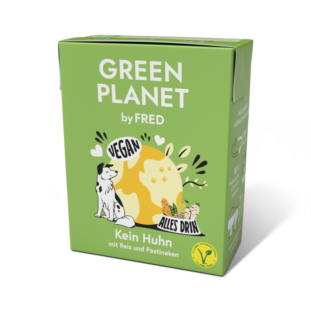 Verpackung von GREEN PLANET Kein Huhn (vegan) mit Hund, Reis und Pastinaken in umweltfreundlichem Design.