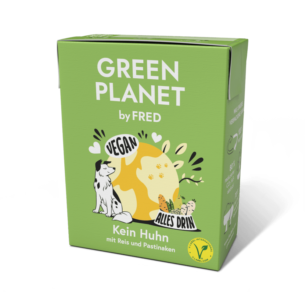 Verpackung von GREEN PLANET Kein Huhn (vegan) mit Hund, Reis und Pastinaken in umweltfreundlichem Design.
