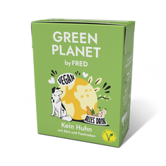 Verpackung von GREEN PLANET Kein Huhn (vegan) mit Hund, Reis und Pastinaken in umweltfreundlichem Design.
