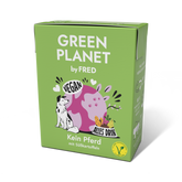Vegane Futteralternative GREEN PLANET Kein Pferd in umweltfreundlicher Verpackung mit Süßkartoffeln und bunten Illustrationen