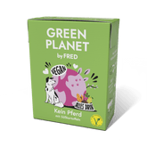 Vegane Futteralternative GREEN PLANET Kein Pferd in umweltfreundlicher Verpackung mit Süßkartoffeln und bunten Illustrationen