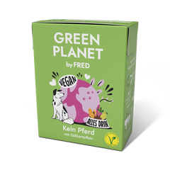 Vegane Futteralternative GREEN PLANET Kein Pferd in umweltfreundlicher Verpackung mit Süßkartoffeln und bunten Illustrationen