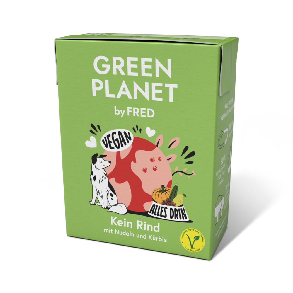 Umweltfreundliche Verpackung von GREEN PLANET Kein Rind (vegan) für gesunde, pflanzliche Hundenahrung ohne Rind.