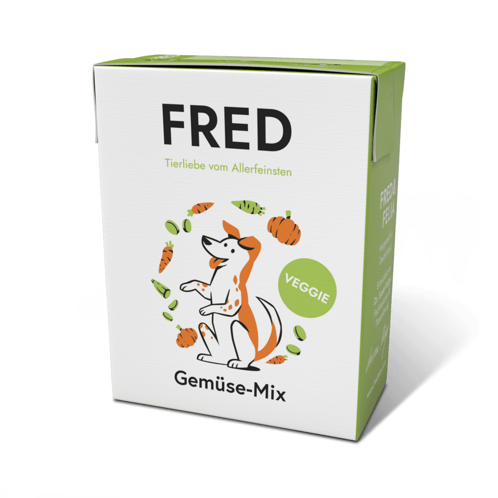 FRED Gemüse-Mix für Hunde in moderner Verpackung, leicht verdaulich und ballaststoffreich für gesunde Ernährung.
