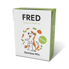 FRED Gemüse-Mix für Hunde in moderner Verpackung, leicht verdaulich und ballaststoffreich für gesunde Ernährung.