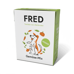 FRED Gemüse-Mix für Hunde in moderner Verpackung, leicht verdaulich und ballaststoffreich für gesunde Ernährung.