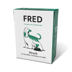 FRED Hirsch mit Kartoffeln & Steckrüben für ernährungssensible Hunde, hochwertige Vollnahrung in ansprechender Verpackung.