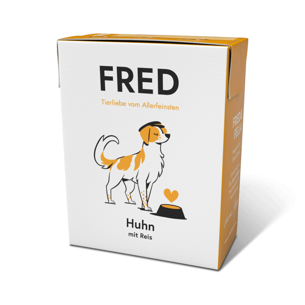 Hochwertiges Hundefutter FRED mit Huhn und Reis, ideal für wählerische Hunde, in ansprechender Verpackung.