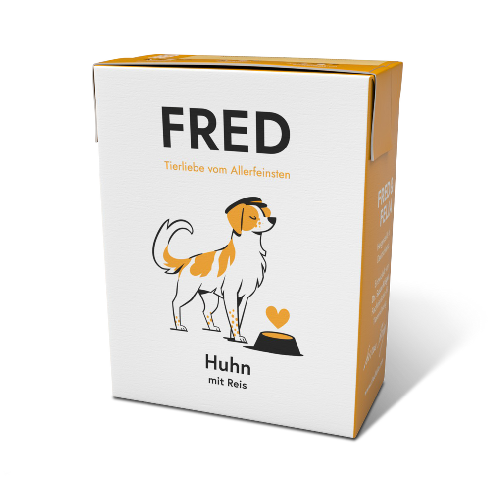 Hochwertiges Hundefutter FRED mit Huhn und Reis, ideal für wählerische Hunde, in ansprechender Verpackung.