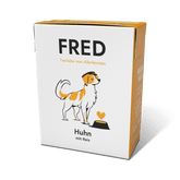 Hochwertiges Hundefutter FRED mit Huhn und Reis, ideal für wählerische Hunde, in ansprechender Verpackung.