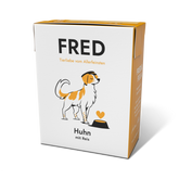 Hochwertiges Hundefutter FRED mit Huhn und Reis, ideal für wählerische Hunde, in ansprechender Verpackung.