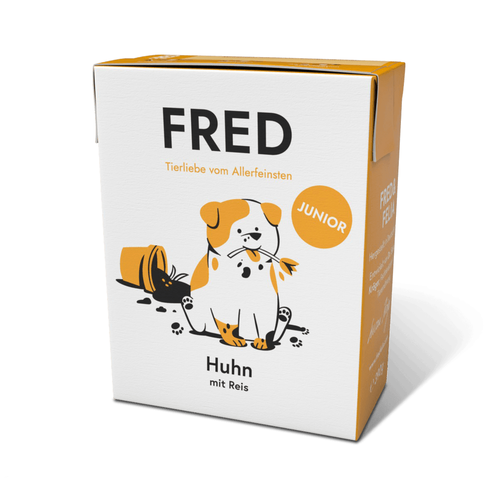 FRED Huhn mit Reis JUNIOR für Junghunde, nährstoffreich, frisch gekocht, ideale Portionen, unterstützt gesundes Wachstum.