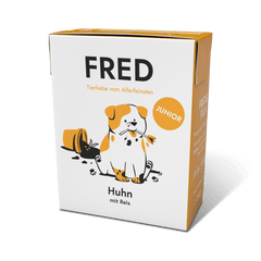 FRED Huhn mit Reis JUNIOR für Junghunde, nährstoffreich, frisch gekocht, ideale Portionen, unterstützt gesundes Wachstum.