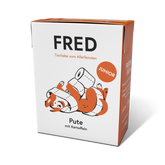 Nassfutter FRED Pute mit Kartoffeln für Junghunde in verspielter Verpackung mit cartoonhaftem Hund.