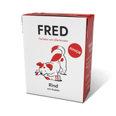 FRED Rind mit Nudeln für Junghunde in moderner Verpackung, nährstoffreich und leicht verdaulich für optimale Entwicklung.