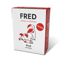 FRED Rind mit Nudeln für Junghunde in moderner Verpackung, nährstoffreich und leicht verdaulich für optimale Entwicklung.