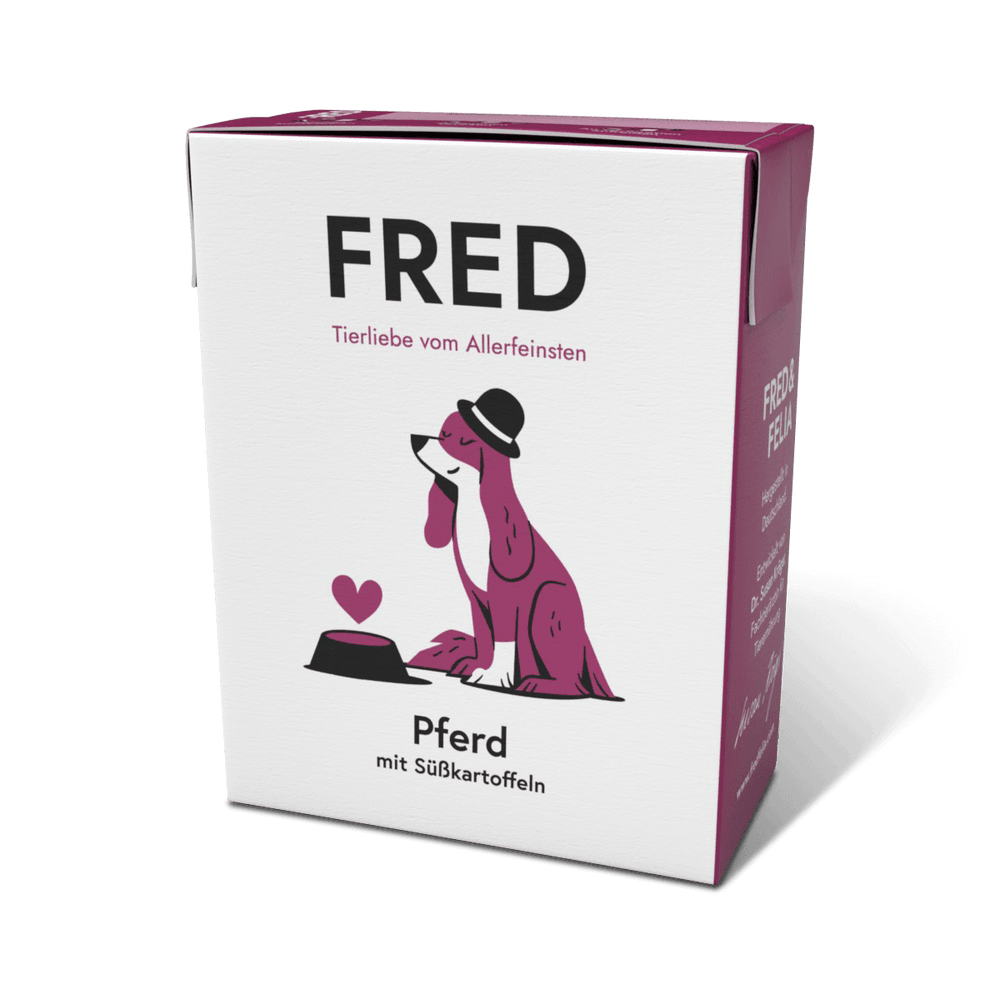 FRED Pferd mit Süßkartoffeln - hypoallergenes Nassfutter für empfindliche Hunde in ansprechender Verpackung.