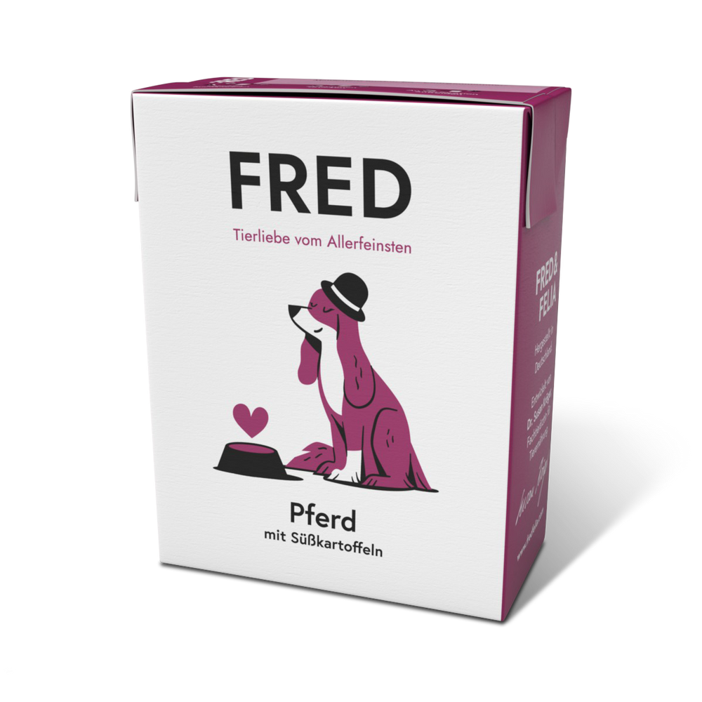 FRED Pferd mit Süßkartoffeln - hypoallergenes Nassfutter für empfindliche Hunde in ansprechender Verpackung.