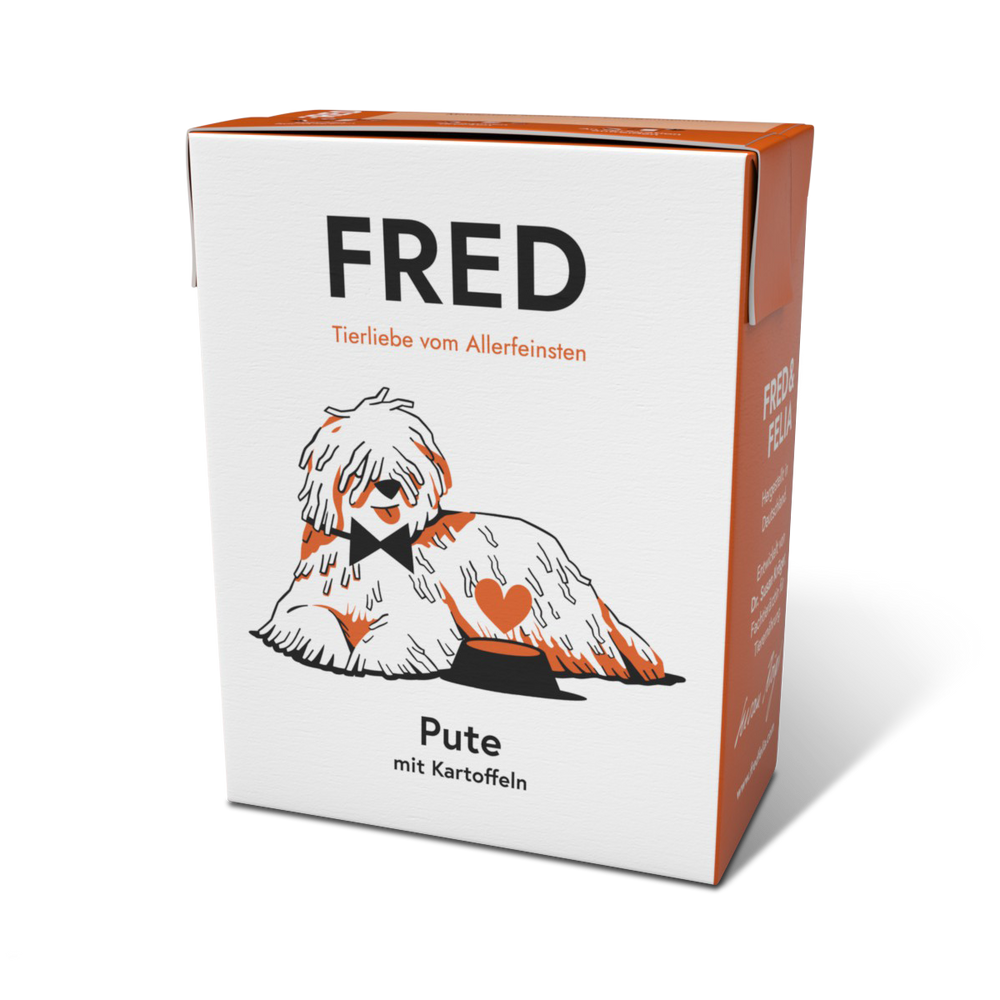 FRED Pute mit Kartoffeln für aktive Hunde, proteinreich, fettarm und leicht verdaulich, ideal für figurbewusste Vierbeiner.