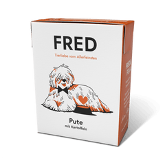FRED Pute mit Kartoffeln für aktive Hunde, proteinreich, fettarm und leicht verdaulich, ideal für figurbewusste Vierbeiner.