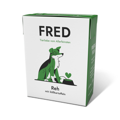 FRED Reh mit Süßkartoffeln für Hunde, getreidefrei, gut verträglich, schmackhafte Mahlzeit mit zartem Reh und Süßkartoffel.