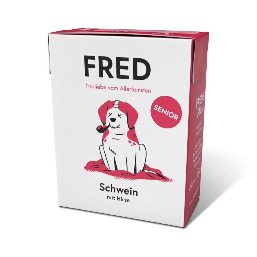 FRED Schwein Seniorfutter für ältere Hunde, unterstützt Gelenke und Vitalität, mit Lachsöl und Topinambur.