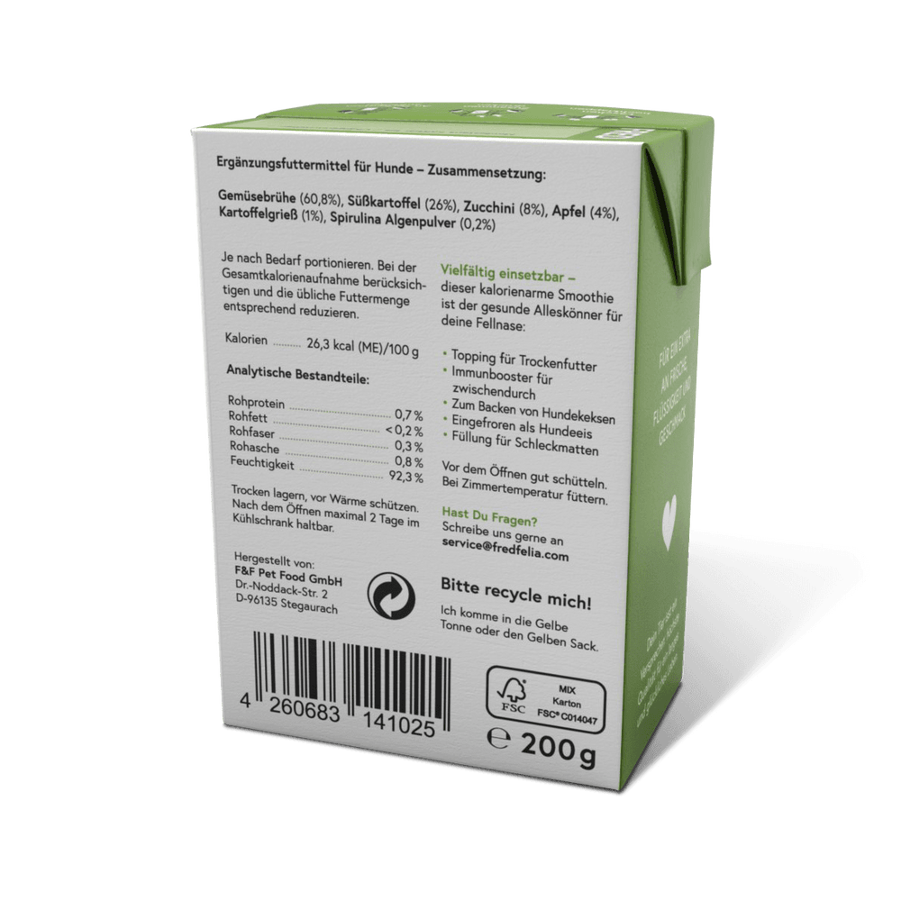 FRED Smoothie Gemüse mit Spirulina 2er Set für Hunde, kalorienarmer Snack mit Zucchini, Kartoffeln und Spirulina