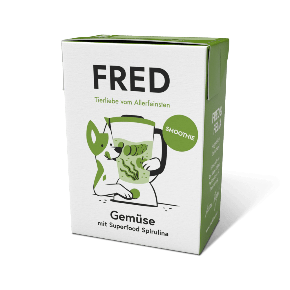 FRED Smoothie Gemüse mit Spirulina im 2er Set, ideal als Snack oder Topping für Hunde in minimalistischer Verpackung.