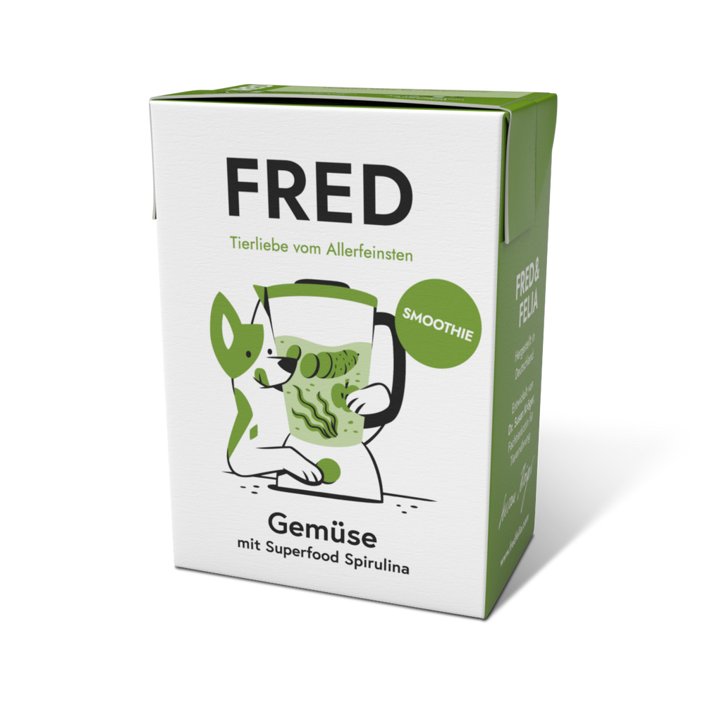 FRED Smoothie Gemüse mit Spirulina im 2er Set, ideal als Snack oder Topping für Hunde in minimalistischer Verpackung.
