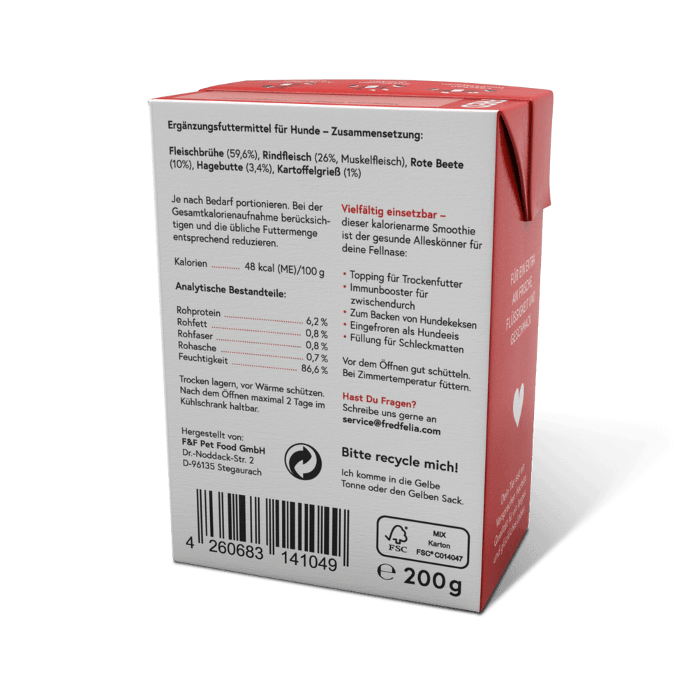 FRED Smoothie Rind mit Hagebutte 2er Set für Hunde, kalorienarm, vielseitig als Snack oder Topping, enthält Antioxidantien.