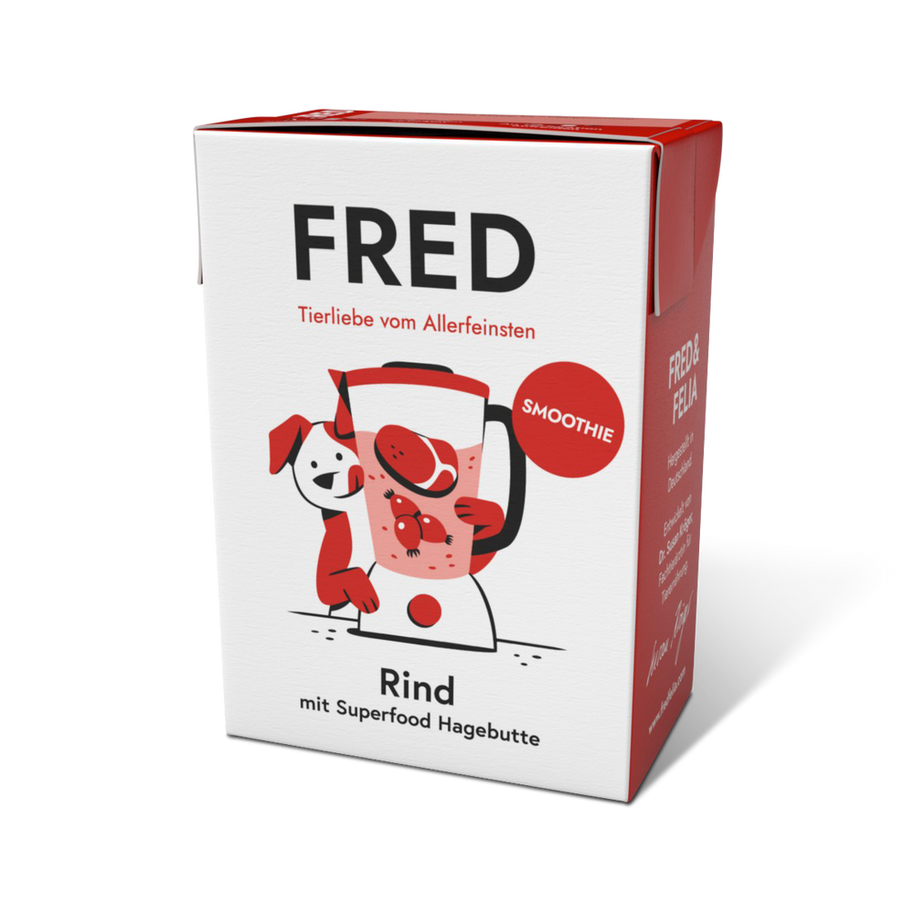 FRED Smoothie Rind mit Hagebutte in ansprechender Verpackung für Hunde als kalorienarmen Snack oder Topping