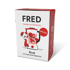 FRED Smoothie Rind mit Hagebutte in ansprechender Verpackung für Hunde als kalorienarmen Snack oder Topping