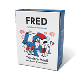 Verpackung des FRED Tricolore Menüs mit Hundeillustrationen und französischen Symbolen wie dem Eiffelturm.
