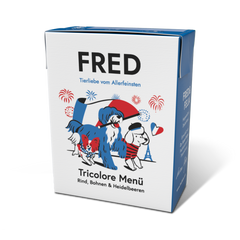 Verpackung des FRED Tricolore Menüs mit Hundeillustrationen und französischen Symbolen wie dem Eiffelturm.