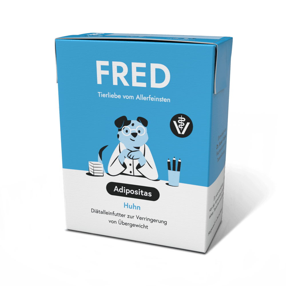 FRED VET Adipositas Diätfutter für Hunde zur Gewichtsreduktion in blauer Verpackung mit Tierarzt-Illustration.