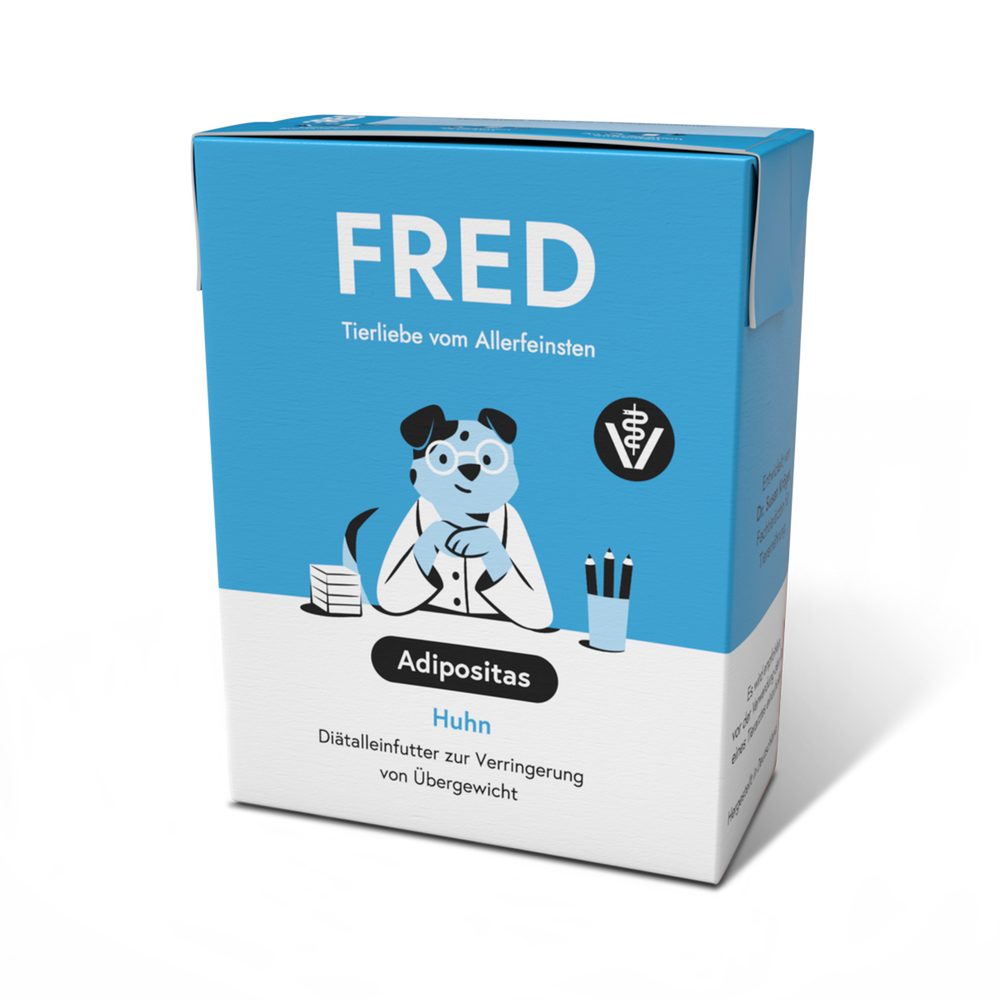 FRED VET Adipositas Diätfutter für Hunde zur Gewichtsreduktion in blauer Verpackung mit Tierarzt-Illustration.