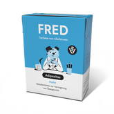 FRED VET Adipositas Diätfutter für Hunde zur Gewichtsreduktion in blauer Verpackung mit Tierarzt-Illustration.
