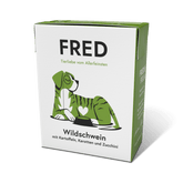 FRED Wildschwein Hundefutter mit Kartoffeln und Karotten in grüner Verpackung, ideal für wählerische Hunde.