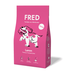 FRED Premium Trockenfutter JUNIOR Lamm in pinker Verpackung für gesunde Welpenernährung mit Lamm und Huhn.