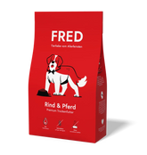 FRED Premium Trockenfutter Rind & Pferd in roter Verpackung für aktive Hunde mit 30% Rind- und Pferdefleisch, getreidefrei.