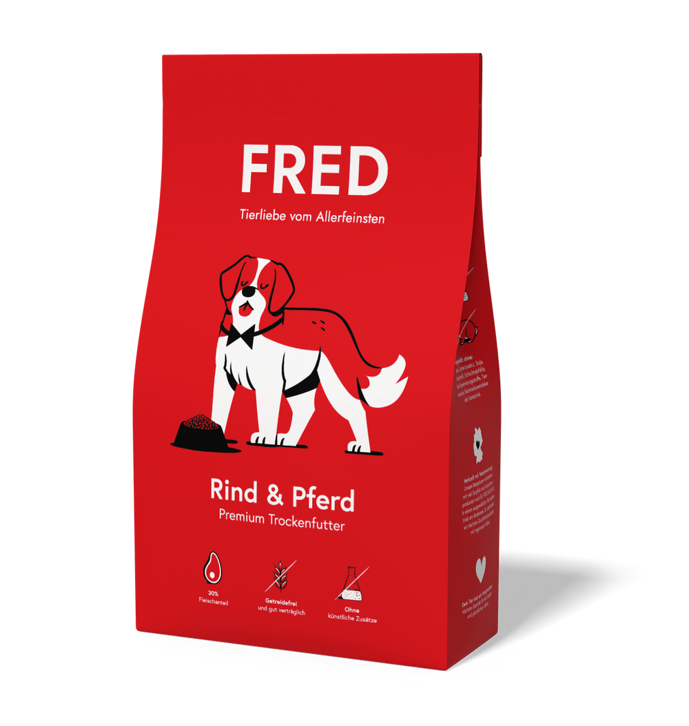 FRED Premium Trockenfutter Rind & Pferd in roter Verpackung für aktive Hunde mit 30% Rind- und Pferdefleisch, getreidefrei.