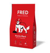 FRED Premium Trockenfutter Rind & Pferd in roter Verpackung für aktive Hunde mit 30% Rind- und Pferdefleisch, getreidefrei.