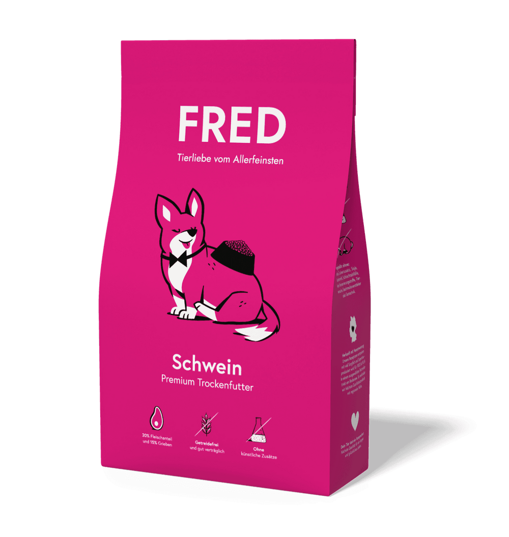 FRED Premium Trockenfutter für Hunde mit Schweinefleisch in pinker Verpackung, getreidefrei und nährstoffreich.
