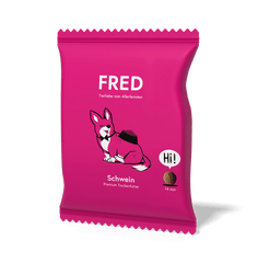 FRED Premium Trockenfutter für Hunde mit Schwein in pinker Verpackung, getreidefrei und nährstoffreich.