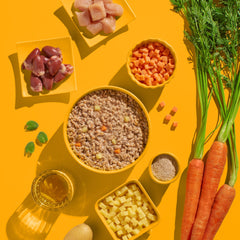 Hochwertiges FELIA Huhn Nassfutter mit frischem Hähnchen, Gemüse und Obst für gesunde Tierernährung.