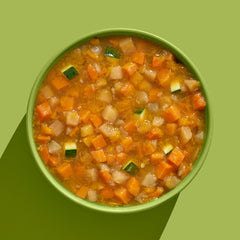 Bunte Schüssel mit FRED Gemüse-Mix für Hunde, bestehend aus frischen, gegarten Gemüsestücken auf hellgrünem Hintergrund.