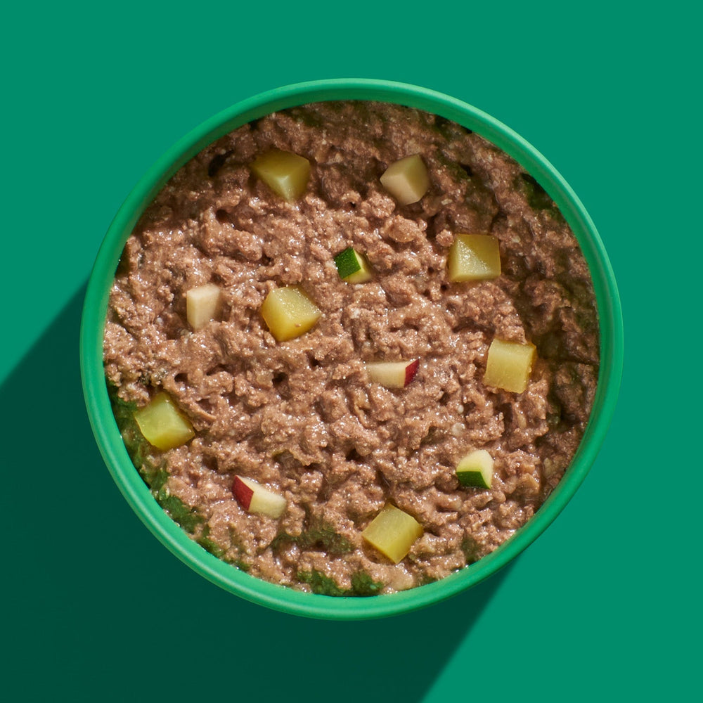 FRED Hirsch mit Kartoffeln & Steckrüben für ernährungssensible Hunde in grüner Schüssel, gesund und schmackhaft.